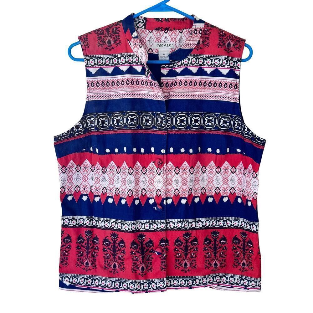 Orvis Women Sleeveless Shirt Sz Medium Blue Red Aztec Southwest Gorpcore Outdoor